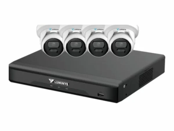 Luminys K54-4D1A2 LumiDeterrent 4-Camera Security Bundle Luminys K54-4D1A2 LumiDeterrent bundle with 4-channel NVR and four 5MP turret cameras