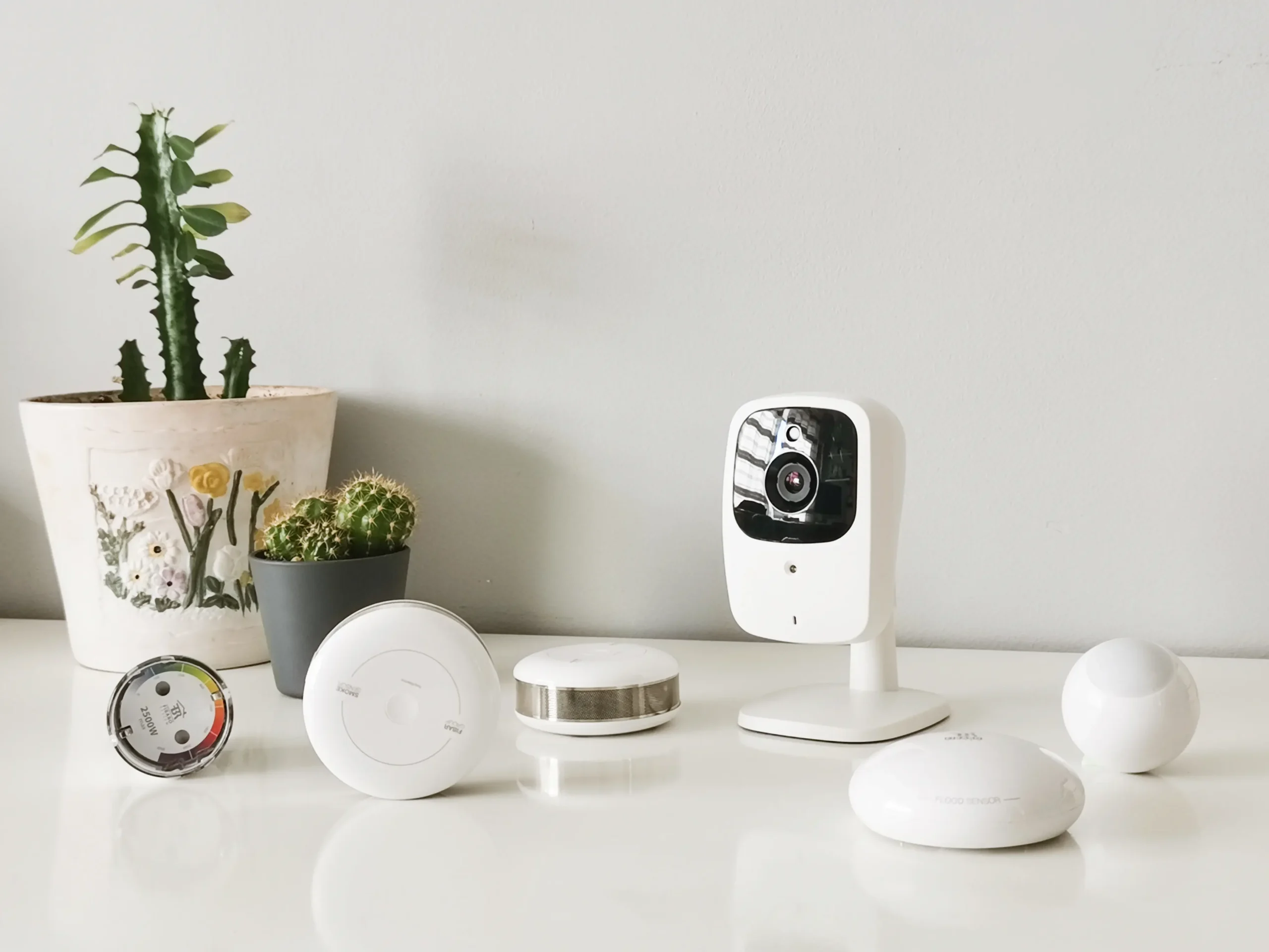 Smart home security camera, motion sensors, and connected alarm devices