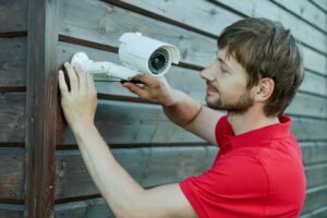 Security technician installing an outdoor CCTV camera on a residential property.